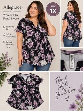 Allegrace women's 1X black purple floral blouse #14